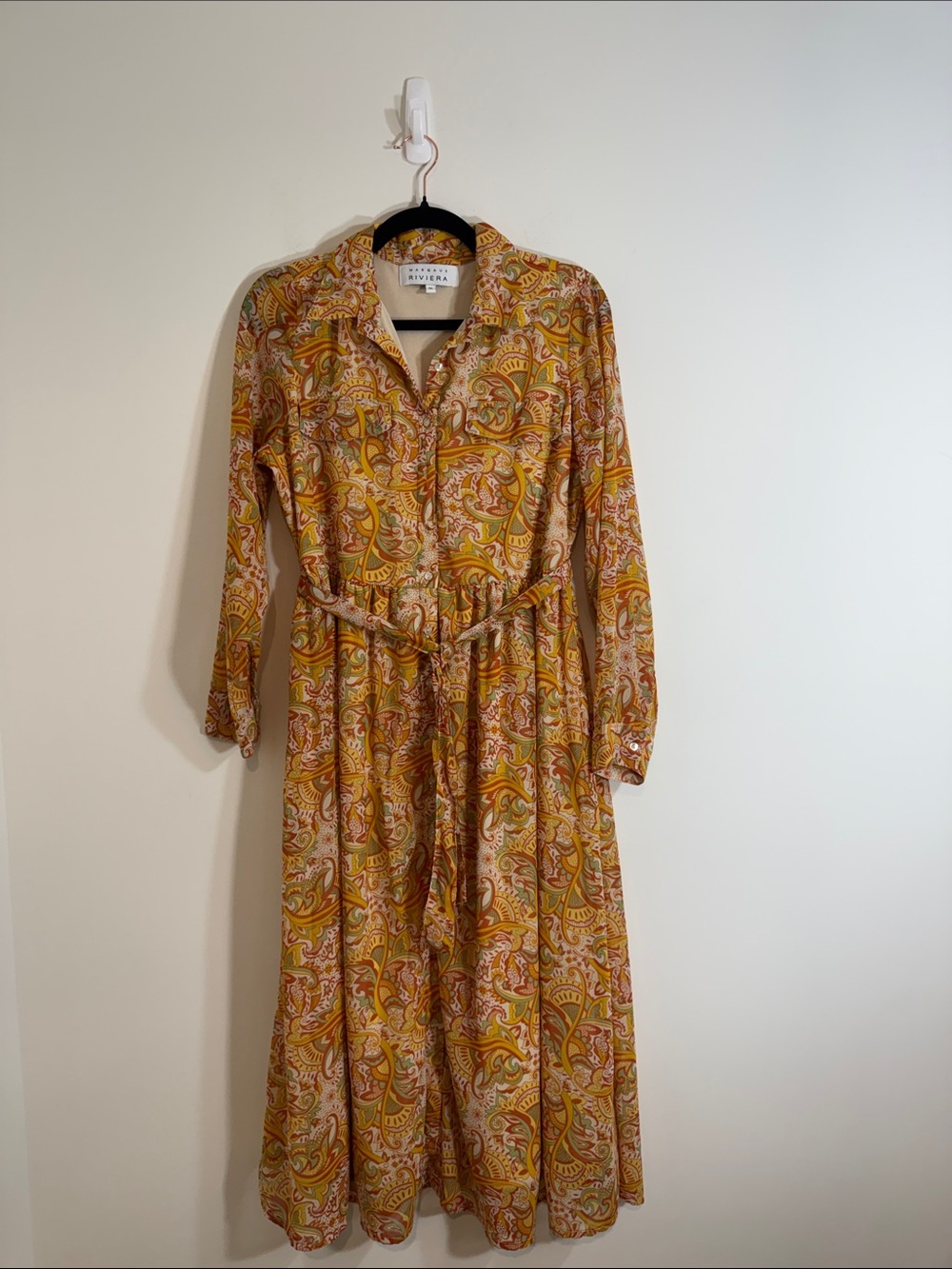 Margaux Riviera Yellow Paisley Long-Sleeve Shirt Dress bohemian Medium